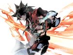  1boy black_gloves brown_hair cofffee fingerless_gloves fireseal forehead_protector gloves guilty_gear guilty_gear_strive headband long_hair male_focus muscular muscular_male ponytail red_eyes simple_background smile sol_badguy spiky_hair 