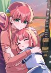  2girls blue_sailor_collar blunt_bangs blush bocchi_the_rock! closed_eyes closed_mouth cube_hair_ornament gotoh_futari gotoh_hitori green_eyes guitar hair_ornament hand_on_another&#039;s_back hand_on_another&#039;s_head highres hug indoors instrument jacket long_hair long_sleeves multiple_girls open_mouth pink_hair pink_track_suit sailor_collar school_uniform shirt short_hair short_sleeves siblings signature sleeping upper_body wano_(azayakam) white_shirt 