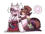  2girls animal_ears biting black_gloves blush book breasts brown_gloves brown_hair brown_thighhighs closed_eyes cotton_candy elbow_gloves fang fingerless_gloves fox_ears fox_girl fox_tail gloves highres holding holding_book hugging_another&#039;s_tail hugging_tail japanese_clothes leaf leaf_on_head littlecloudie long_hair medium_breasts miko multiple_girls open_mouth original raccoon_ears raccoon_girl raccoon_tail red_eyes seiza shaded_face short_hair short_ponytail simple_background sitting tail tail_biting thigh-highs thought_bubble wariza white_background white_hair 