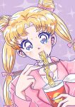  1girl bishoujo_senshi_sailor_moon blonde_hair blue_eyes bow earrings food heart heart-shaped_pupils highres instant_ramen jewelry noodles pink_bow purple_background rabi2651 ramen solo symbol-shaped_pupils tsukino_usagi 