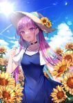 1girl :d black_choker blue_dress blue_hair blue_ribbon blue_sky blush cat_hair_ornament choker clouds colored_inner_hair contrail day dress fang field floating_hair flower flower_field food hair_ornament haruhitooo hat hat_flower hat_ribbon highres holding holding_food hololive lens_flare long_hair minato_aqua multicolored_hair open_mouth outdoors pinafore_dress pink_eyes pink_hair popsicle ribbon shirt short_sleeves skin_fang sky sleeveless sleeveless_dress smile solo standing straw_hat sun sun_hat sunflower two-tone_hair very_long_hair virtual_youtuber white_shirt x_hair_ornament yellow_flower 