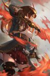  blue_eyes boots carren_(granblue_fantasy) fire gloves granblue_fantasy hair_ornament highres holding holding_sword holding_weapon jacket long_hair pleated_skirt skirt skymax sword thigh_boots weapon 