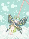  1girl antennae aqua_hair barefoot blood blood_on_weapon butterfly_wings closed_eyes dress drinking_straw eternity_larva fairy green_dress hair_between_eyes highres holding holding_sword holding_weapon ice itomugi-kun leaf leaf_on_head multicolored_clothes multicolored_dress parted_lips short_hair short_sleeves skull solo sword touhou weapon wings 
