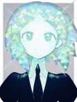  1other a_(poipiku_325815) androgynous black_necktie border closed_mouth collared_shirt colored_eyelashes colored_skin commentary_request crystal_hair gem_uniform_(houseki_no_kuni) glowing glowing_hair green_eyes green_hair grey_background houseki_no_kuni looking_at_viewer necktie other_focus phosphophyllite shirt short_hair solo upper_body white_border white_shirt white_skin 