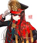  1girl belt black_headwear black_shirt blush cape chain family_crest fate/grand_order fate_(series) gloves hair_between_eyes hands_on_headwear hands_on_own_hips hat hi_(wshw5728) highres long_sleeves looking_to_the_side medallion military_hat military_uniform oda_nobunaga_(fate) oda_uri peaked_cap red_cape red_eyes shirt simple_background solo uniform upper_body white_background 