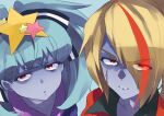  2girls blonde_hair blue_hair blue_skin colored_skin coveredcore hair_ornament hair_over_one_eye hoshikawa_lily light_blue_hair long_hair looking_at_viewer multicolored_hair multiple_girls nikaidou_saki orange_hair red_eyes star_(symbol) star_hair_ornament streaked_hair upper_body zombie zombie_land_saga 