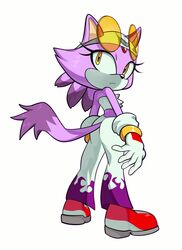  1girl bandana blaze_the_cat cat_girl cat_tail crop_top eyelashes eyewear_on_head fiinel flame_print forehead_jewel furry furry_female gloves highres looking_back pants ponytail print_pants purple_fur red_footwear sonic_(series) sunglasses tail white_background white_bandana white_pants yellow_eyes 