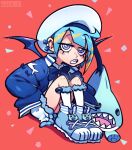  1girl blonde_hair blue_eyes blue_footwear blue_hair blush character_request earrings highres jewelry looking_at_viewer parted_lips sharp_teeth shoes short_hair sitting sneakers socks solo speedoru teeth virtual_youtuber white_headwear white_socks yu-gi-oh! 