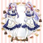  2girls absurdres alternate_costume apron blue_dress cake chocolate cosplay dress fire_emblem fire_emblem:_genealogy_of_the_holy_war fire_emblem_heroes food fruit full_body highres long_hair looking_at_another looking_at_viewer maid maid_headdress midori_no_baku mother_and_daughter multi-tied_hair multiple_girls official_alternate_costume open_mouth pastry pie pie_slice pink_background ponytail puffy_short_sleeves puffy_sleeves purple_hair short_sleeves smile striped striped_background tailtiu_(fire_emblem) tailtiu_(fire_emblem)_(cosplay) tailtiu_(tea_party)_(fire_emblem) tart_(food) tiered_tray tine_(fire_emblem) twintails twitter_username very_long_hair violet_eyes white_apron 