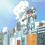  abueloretrowave city cityscape clouds door drawing giant gundam highres mecha photoshop_(medium) pixel_art robot rx-78-2 scenery sky third-party_edit vaporwave window 