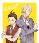  2boys ace_attorney apollo_justice blonde_hair bracelet brown_eyes brown_hair buttons closed_eyes closed_mouth collared_shirt commentary_request copyright_name glasses green_necktie grey_jacket jacket jewelry kristoph_gavin long_sleeves looking_at_viewer male_focus multiple_boys neck_ribbon necktie red_vest ribbon sasakama_(f214) shirt short_hair sleeves_rolled_up smile upper_body vest white_shirt yellow_background 