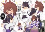  ! 2girls agnes_tachyon_(umamusume) ahoge animal_ears animalization back_bow black_hair blush bow brown_hair carrying cat chabo_24 chibi closed_eyes coat couch covering_another&#039;s_mouth cup drooling earrings empty_eyes face-to-face fang feet_out_of_frame fingernails flying_sweatdrops full_body furrowed_brow hair_between_eyes highres holding holding_cup horse_ears horse_girl horse_tail jewelry knees_together_feet_apart lab_coat leaning_on_person leaning_to_the_side long_bangs long_hair long_sleeves looking_at_another manhattan_cafe_(umamusume) miniskirt mouth_drool multicolored_hair multiple_girls multiple_views nervous on_couch one_eye_closed open_clothes open_coat over-kneehighs red_eyes school_uniform shirt side-by-side sitting skirt sleeping smile spoken_exclamation_mark standing sweat tail thigh-highs tracen_school_uniform translation_request triangle_mouth two-tone_hair umamusume upper_body very_long_hair white_coat white_hair yellow_eyes 