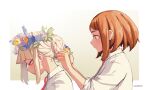  2girls alternate_hairstyle alternate_universe artist_name birthday blonde_hair blue_flower blunt_bangs blush bob_cut boku_no_hero_academia border brown_eyes brown_hair cel_shading closed_mouth collared_shirt commentary flower from_side gradient_background hair_bun hands_up happy head_down head_wreath highres leaf looking_at_another multiple_girls narrowed_eyes necktie orange_flower outside_border outstretched_arms reallyveverka red_necktie school_uniform shirt sidelighting sidelocks single_hair_bun sleeves_past_elbows sleeves_pushed_up smile toga_himiko tying_hair u.a._school_uniform updo upper_body uraraka_ochako white_border white_shirt yellow_eyes yellow_flower 