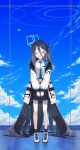  &lt;key&gt;_(robot)_(blue_archive) 1girl absurdly_long_hair absurdres aris_(blue_archive) black_hair blue_archive blue_necktie blue_sky closed_eyes clouds halo handheld_game_console highres iamahri1994 long_hair necktie pleated_skirt shoes side_ponytail skirt sky socks very_long_hair 