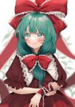  1girl blush bow brown_dress closed_mouth commission dress frilled_bow frilled_ribbon frills front_ponytail green_eyes green_hair hair_bow hair_ribbon highres kagiyama_hina long_hair red_bow red_ribbon ribbon short_sleeves skeb_commission smile solo touhou uchisaki_himari 