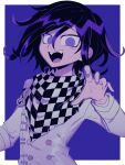  1boy :d a_(poipiku_325815) black_hair border buttons checkered_clothes checkered_scarf commentary_request danganronpa_(series) danganronpa_v3:_killing_harmony hair_between_eyes hand_up jacket long_sleeves looking_at_viewer male_focus oma_kokichi open_mouth purple_background scarf short_hair smile solo straitjacket upper_body violet_eyes white_border white_jacket 