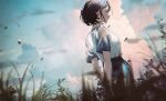  1girl arms_behind_back black_hair blue_pants clouds from_behind from_below grass highres original pants raglan_sleeves shiomi_(lowrise) shirt shirt_tucked_in short_hair sky solo standing t-shirt weeds 
