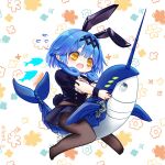  1girl animal_ears azur_lane black_hairband black_pantyhose black_skirt blue_hair chibi fake_animal_ears flying_sweatdrops hairband hamititi_nyanko narwhal nautilus_(afternoon_stretches)_(azur_lane) nautilus_(azur_lane) non-humanoid_robot official_alternate_costume open_mouth pantyhose puffy_short_sleeves puffy_sleeves rabbit_ears riding robot robot_animal short_hair short_sleeves signature skirt solo twitter_username wrist_cuffs yellow_eyes 