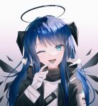  1girl ;d arknights black_jacket black_wings blue_eyes blue_hair blue_tongue colored_tongue dark_halo demon_horns detached_wings energy_wings fur-trimmed_jacket fur_trim gloves halo hand_up head_tilt highres horns jacket liuyoumu long_hair long_sleeves looking_at_viewer mostima_(arknights) one_eye_closed open_clothes open_jacket open_mouth shirt sidelocks simple_background smile solo straight-on teeth tongue upper_teeth_only white_background white_gloves white_shirt wings 