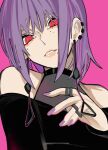  1girl @_@ absurdres bare_shoulders black_shirt chainsaw_man earrings fami_(chainsaw_man) highres jewelry lips looking_at_viewer mole mole_under_mouth nail_polish pink_background purple_nails red_eyes sailen0 shirt short_hair solo teeth upper_body violet_eyes 