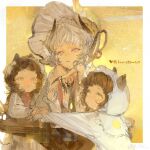  3girls artist_name border brown_hair child claw_(weapon) closed_mouth expressionless hair_between_eyes highres horns kurikabacha looking_at_viewer multiple_girls original short_hair sidelocks simple_background table teardrop tears violet_eyes weapon white_border white_hair white_headwear yellow_eyes 