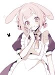  1girl :3 :q animal_ears apron black_bow black_dress bow bowtie dress hair_bow hand_up looking_at_viewer maid ootori_emu pink_bow pink_bowtie pink_eyes pink_hair project_sekai puffy_short_sleeves puffy_sleeves qi7pi rabbit_ears short_hair short_sleeves short_twintails sidelocks simple_background solo tongue tongue_out twintails upper_body white_apron white_background 