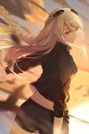  1girl black_shirt black_shorts blonde_hair braid crown_braid eiyuu_densetsu elaine_auclair green_eyes hair_between_eyes holding holding_sword holding_weapon kuro_no_kiseki lancefate long_hair looking_at_viewer looking_back shirt short_sleeves shorts sidelocks single_braid solo sunset swept_bangs sword weapon 