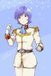  1boy :&lt; ascot belt belt_buckle blue_ascot blue_background breasts brown_belt buckle copyright_name cosplay cowboy_shot epaulettes frown garma_zabi gloves gundam hand_up high_collar jacket long_sleeves male_focus military_uniform mobile_suit_gundam_the_origin p.kibi pants purple_hair short_hair simple_background solo uniform violet_eyes white_gloves white_jacket white_pants 