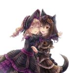  2girls animal_ears black_hair blonde_hair bonnet cathera closed_eyes cross dress gothic_lolita happy hug jewelry lolita_fashion multiple_girls necklace open_mouth original smile twintails white_background wolf_ears 