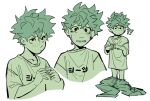  !? 1boy boku_no_hero_academia closed_mouth commentary crying crying_with_eyes_open english_commentary freckles green_theme habkart looking_at_viewer male_focus midoriya_izuku monochrome multiple_views no_pants oversized_clothes oversized_shirt pants pants_removed shirt short_hair simple_background standing tears white_background 