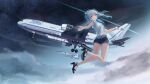  1girl absurdres aircraft airplane blue_eyes bow clouds cloudy_sky fighter_jet hair_between_eyes hair_bow high_heels highres indie_virtual_youtuber jet looking_at_viewer midair military_vehicle night open_mouth outdoors png_pant_(bus) shooting_star short_shorts shorts sky sleeveless solo star_(sky) starry_sky twintails usui_clear virtual_youtuber white_hair 