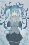  ahoge artist_name black_skirt blue_hair blue_necktie blush grey_shirt hair_ornament hatsune_miku highres kazudayo necktie own_hands_together praying shirt skirt smile vocaloid water 