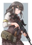  assault_rifle ayyh black_hair brown_skirt character_request closed_mouth copyright_request green_eyes gun hair_between_eyes highres holding holding_gun holding_weapon long_hair long_sleeves magazine_(weapon) military pleated_skirt rifle shirt skirt sleeves_rolled_up standing weapon white_shirt 