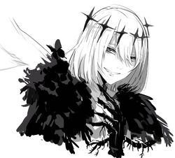  1boy cloak commentary_request cropped_torso fate/grand_order fate_(series) fur-trimmed_cloak fur_trim grin hair_between_eyes hand_up kayanogura looking_at_viewer male_focus oberon_(fate) oberon_(third_ascension)_(fate) shirt simple_background smile solo upper_body white_background 