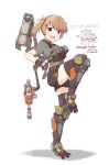  1girl :d absurdres battle_of_titans belt black_shorts blonde_hair brown_eyes clawed_boots exoskeleton gatling_gun gloves hair_ornament hairclip highres hozukikasumi light_brown_hair mecha_musume mechanical_legs mechanical_parts minigun multishot_rocket_launcher personification plate_carrier rocket_launcher shorts side_ponytail smile standing standing_on_one_leg thigh-highs weapon white_background 