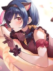  1girl alternate_hairstyle animal_ears arm_ribbon bare_shoulders black_dress black_gloves black_hair black_hairband blue_hair blush bow bvucki36gzoeq1c cat_ears cat_tail cat_teaser dress fake_animal_ears fake_tail flat_chest frilled_dress frills gloves hair_between_eyes hair_bow hairband head_rest highres holding idolmaster idolmaster_shiny_colors lens_flare looking_at_viewer low_twintails lying morino_rinze necktie on_stomach open_mouth pillow polka_dot polka_dot_necktie polka_dot_ribbon red_eyes red_ribbon ribbon short_hair sleeveless sleeveless_dress solo tail twintails white_background yellow_necktie yellow_ribbon 