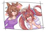  2girls absurdres afterimage agnes_tachyon_(umamusume) ahoge animal_ears black_border border bow brown_hair casual clenched_hands closed_eyes collarbone commentary_request daiwa_scarlet_(umamusume) earrings fang hair_between_eyes hair_bow hair_intakes headpat highres horse_ears horse_girl huge_ahoge jewelry long_hair medium_hair messy_hair motion_blur motion_lines multiple_girls n_ddddd off-shoulder_shirt off_shoulder official_alternate_costume open_mouth pendant puffy_short_sleeves puffy_sleeves purple_shirt red_bow shirt short_sleeves simple_background single_earring sparkle tiara twintails umamusume white_background 