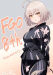  1girl :o absurdres ahoge alternate_costume anniversary arms_behind_back artist_name black_kimono blush commentary_request copyright_name curio_(curiofinity) fate/grand_order fate_(series) floral_print floral_print_kimono grey_hair hair_between_eyes highres japanese_clothes jeanne_d&#039;arc_alter_(fate) kimono looking_at_viewer print_kimono short_hair solo yellow_eyes yukata 