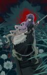  1girl absurdres black_dress closed_mouth dress flower full_body highres hijiri_byakuren juliet_sleeves layered_dress long_hair long_sleeves puffy_sleeves purple_hair solo standing touhou white_dress white_flower xian_qishui yellow_eyes 