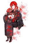  1boy black_kimono buster_shirt candy_apple closed_mouth family_crest fate/grand_order fate_(series) fiery_hair floral_print flower food hair_between_eyes hand_fan hat hi_(wshw5728) high_heels highres holding holding_fan japanese_clothes kimono long_sleeves looking_at_viewer low_ponytail military_hat mini_nobu_(fate) oda_nobunaga_(fate) oda_uri otoko_no_ko peaked_cap ponytail red_eyes redhead sidelocks simple_background smile spider_lily spider_lily_print white_background 