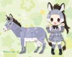  1girl animal animal_ears black_eyes black_hair boots bow bowtie donkey donkey_(kemono_friends) donkey_ears donkey_girl donkey_tail extra_ears grey_hair kemono_friends kikuchi_milo long_hair pantyhose shirt simple_background skirt smile tail 