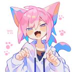  1boy :d absurdres animal_ears blue_eyes blush blush_stickers bright_pupils cat_boy cat_day cat_ears cat_tail claw_pose collarbone commentary_request cowlick dated facing_viewer fang fingernails hair_between_eyes half-closed_eyes heart heart_in_mouth heterochromia highres hood hood_down hoodie kemonomimi_mode long_sleeves looking_at_viewer male_focus open_mouth original paw_print pink_eyes pink_hair raito-kun_(uenomigi) sharp_fingernails short_hair simple_background skin_fang smile solo tail uenomigi upper_body white_background white_hoodie white_pupils 