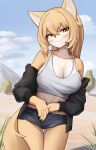 1girl animal_ears black_jacket black_shorts blonde_hair breasts closed_mouth crop_top fox_ears fox_girl fox_tail furry furry_female highres jacket jeifier_(korfiorano01) large_breasts long_sleeves midriff original short_shorts shorts smile solo stomach tail yellow_eyes 