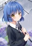  1girl black_ribbon black_shirt blue_hair blush bocchi_the_rock! buttons closed_mouth collared_shirt flower highres holding holding_umbrella hydrangea long_sleeves looking_at_viewer mikan_(user_negv3532) neck_ribbon purple_flower rain ribbon shirt short_hair solo transparent transparent_umbrella umbrella upper_body white_shirt yamada_ryo yellow_eyes 