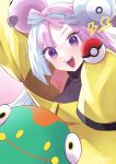  1girl bellibolt bow-shaped_hair breasts character_hair_ornament commentary_request green_hair grey_shirt hair_ornament highres iono_(pokemon) jacket lightning_bolt_symbol long_sleeves looking_at_viewer multicolored_hair poke_ball poke_ball_(basic) pokemon pokemon_(creature) pokemon_(game) pokemon_sv purple_hair rice_kome95 shirt sleeveless sleeveless_shirt sleeves_past_fingers sleeves_past_wrists two-tone_hair yellow_jacket 