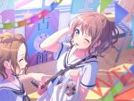 bang_dream! blue_eyes blush brown_hair dress long_hair official_art ponytail wink yamabuki_saaya