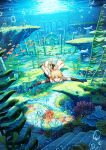  1boy absurdres aether_(genshin_impact) blonde_hair braid coral fish genshin_impact gloves highres long_hair looking_at_viewer ocean scarf scenery seafloor seaweed shuu_illust solo stairs sunlight swimming underwear water yellow_eyes 