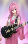  1girl blue_eyes bocchi_the_rock! cowboy_shot electric_guitar gibson_les_paul gotoh_hitori guitar hair_between_eyes hair_over_eyes highres holding holding_instrument instrument kanaria_hisagi long_hair one_side_up pants pink_hair pink_pants shirt short_sleeves twitter_username very_long_hair white_shirt 