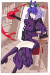  1girl aojirozame1228 bar_(place) black_gloves black_hair breasts china_dress chinese_clothes cup dress drinking_glass dutch_angle fire floral_print flower gloves hand_up highres indoors long_hair looking_at_viewer orchid puffy_short_sleeves puffy_sleeves purple_dress purple_socks short_sleeves smile socks solo thighs touhou unfinished_dream_of_all_living_ghost wine_glass yomotsu_hisami 