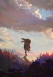  1boy blurry blurry_foreground clouds cloudy_sky copyright_name english_text evening field floating forest grass nature no_humans otsumami_(bu-bu-heaven) outdoors pikachu pokemon pokemon_(anime) pokemon_(creature) sky solo sunset tree 